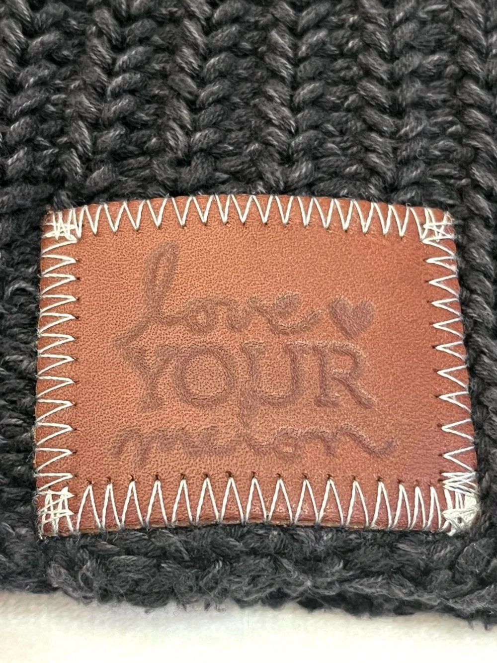 Love Your Melon 100% Cotton Dark Gray Ribbed Knit Beanie with Leather Patch